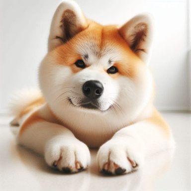 Ein freundlicher Akita-Hund mit orange-weißen Fellmustern, in entspannter Pose.