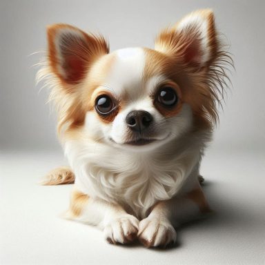 Ein niedlicher Chihuahua mit braun-weißer Fellfarbe, großen Augen und aufmerksamer Miene.