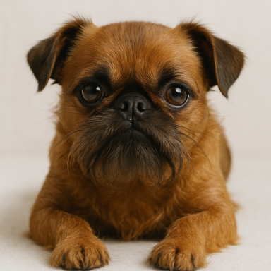 Brauner Hund mit kurzem Fell und großen Augen, entspannt liegend.