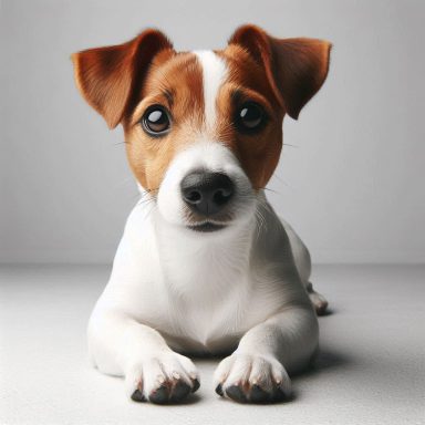 Ein neugieriger Jack Russel Terrier mit braunen und weißen Fell, liegt auf dem Boden.