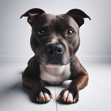 Staffordshire Terrier zeigt einen neugierigen Blick auf hellem Hintergrund.