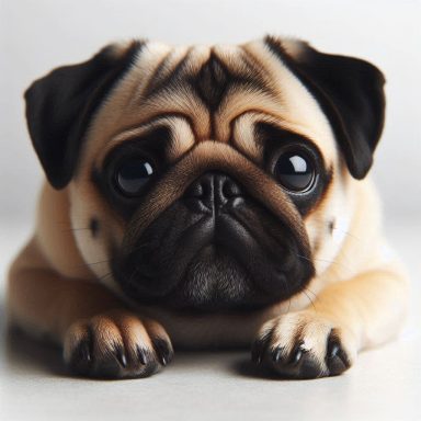 Flauschiger, brauner Mops mit großen Augen, der auf dem Boden liegt.