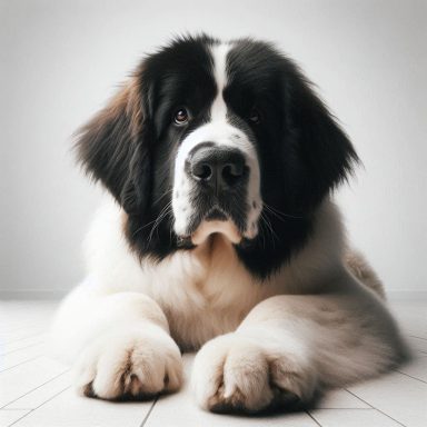 Schwarzer und weißer Landseer liegt auf einem hellen Boden.