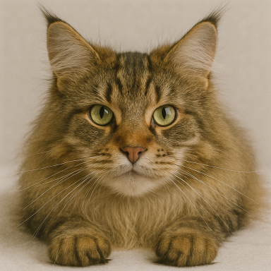 Hauskatze mit langen Haaren und großen, grünen Augen, schaut direkt in die Kamera.