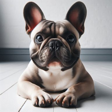 Französische Bulldogge liegt auf dem Boden und schaut direkt zur Kamera.