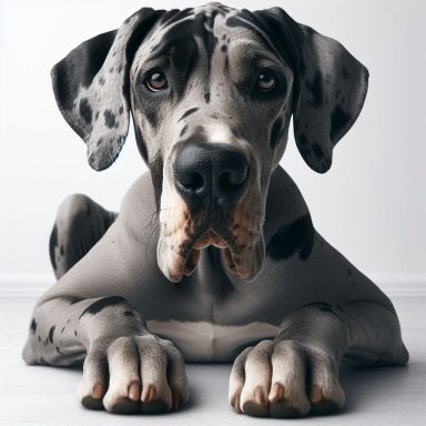 Ein großer, gefleckter Dogge liegt entspannt auf einem hellen Boden.