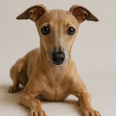 Beige italienischer Windhund mit neugierigem Blick auf hellem Hintergrund.
