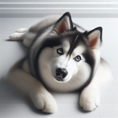 Ein grau-weißer Siberian Husky mit blauen Augen, der auf einem hellen Boden liegt.