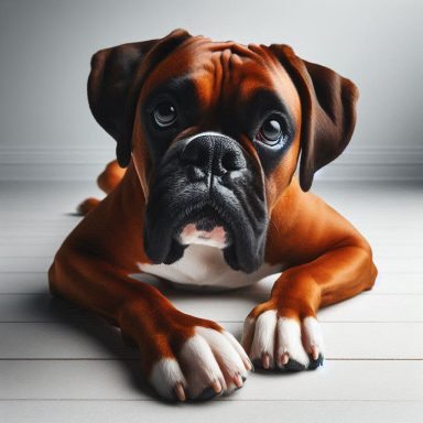 Brauner Boxerhund liegt auf einem hellen Boden und schaut neugierig.