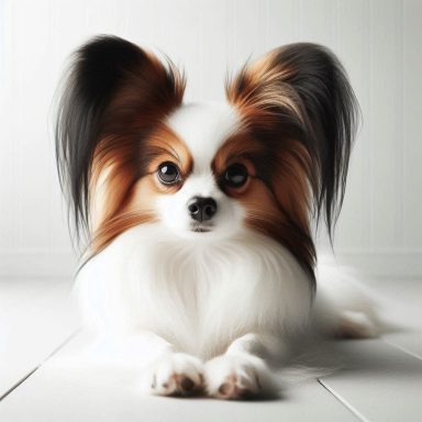 Ein ruhender Papillon-Hund mit langem, seidigem Fell und großen Ohren.